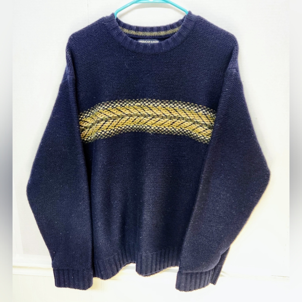 VTG American Eagle Sweater Mens L Navy Blue Knit 90s 100% Wool Large